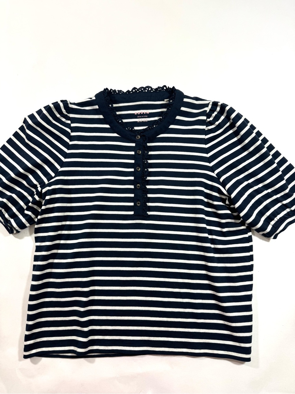 Boden Puff Sleeve Henley Top Preppy Nautical Stripe - Picture 2 of 8